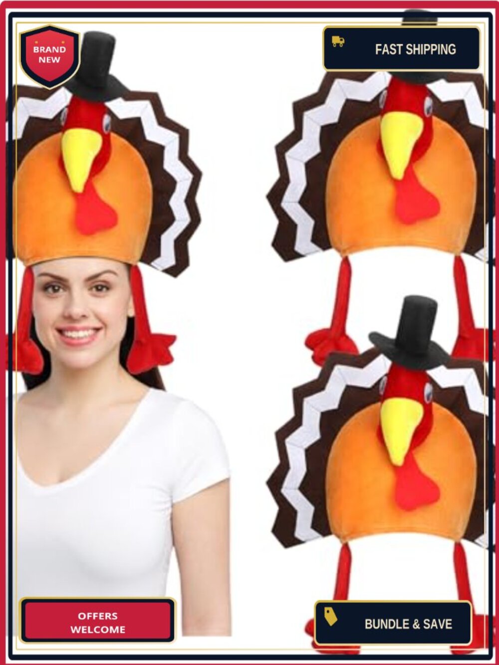 2 Pack Plush Velvet Turkey Hat Thanksgiving Costume Headwear Adult